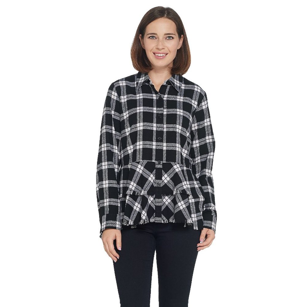 Women's Plaid Peplum Shirt w/ Fringe Hem - Black & White